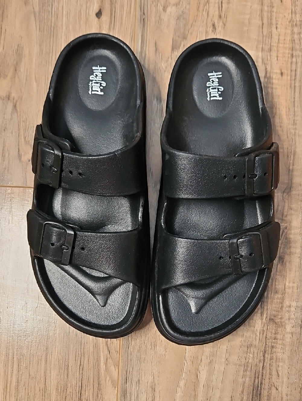 Hey Girl By Corkys Womens Black Double-Buckle Slide Sandals 38 7 1/2